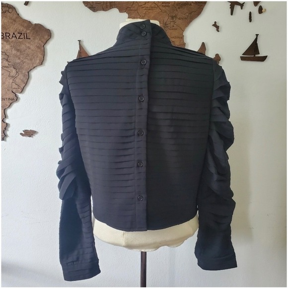 Black Pleated Ruffle Long Sleeve Blouse With Mock Neck & Button Back Size M - Picture 2 of 6